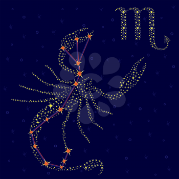 Zodiac sign Scorpio on a background of the starry sky with the scheme of stars in the constellation, vector illustration