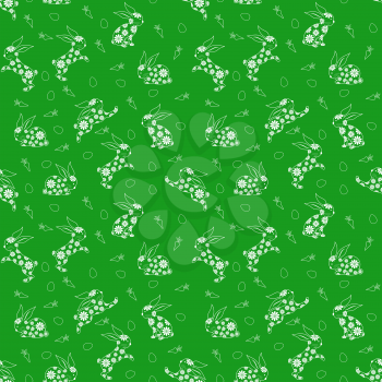 Seamless vector pattern with white Easter rabbits over green background