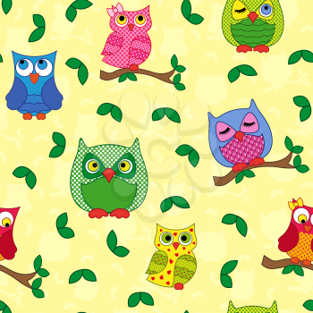 Seamless vector pattern with colorful ornamental owls on a light yellow background
