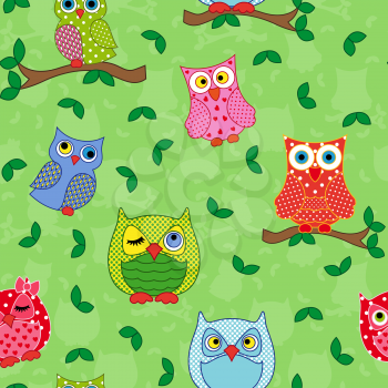 Seamless vector pattern with colorful ornamental owls on a light green background