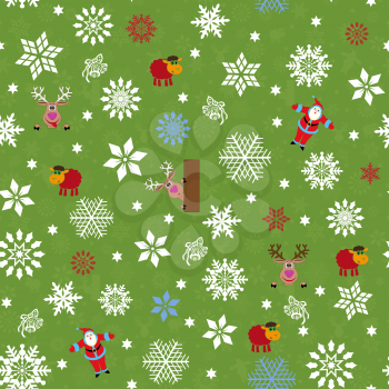 Seamless vector pattern for Christmas motifs with Santa, reindeer, sheep and many snowflakes over green seamless background