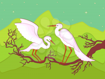 Pair of storks on a branch in early spring night against the backdrop of mountain scenery, hand drawing vector illustration