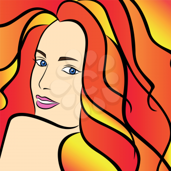 Abstract female half turn portrait with fiery hair, colorful bright hand drawing vector artwork