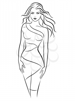 Graceful young women in fitting dress, hand drawing vector outline
