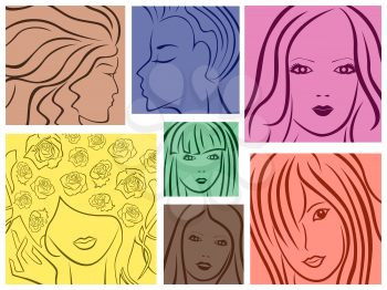 Set of seven abstract colored sketching portraits of young women, vector illustration