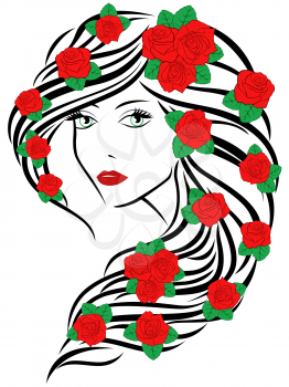 Beautiful fashionable young women portrait with red roses on hair over white, sketching vector illustration
