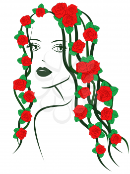 Beautiful fashionable young girl portrait with red roses on hair over white, sketching vector illustration