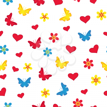 Seamless pattern with hearts, flowers, butterflies and hearts on the white background