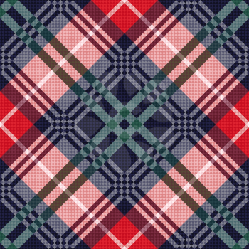 Diagonal seamless vector pattern as a tartan plaid mainly in red, pink, green and dark blue colors