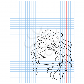 Female head with curled hair drawing on a checkered sheet, vector illustration