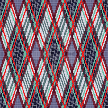 Rhombus seamless vector pattern as a tartan plaid fabric in turquoise, blue, light grey and red colors