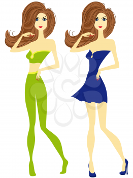 Fashion slender girl with chestnut hair in green tights and blue dress, hand drawing vector illustration