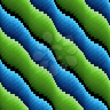 Abstract wavy diagonal stripes in blue and green hues separated by dark lines, seamless vector pattern