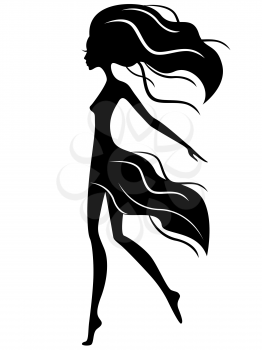 Abstract graceful girl in motion, black vector silhouette