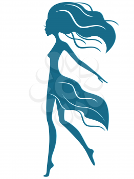 Abstract graceful girl with waving hair in motion, vector illustration in blue hue