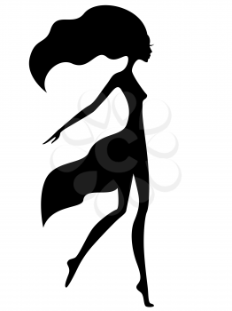 Abstract graceful girl with waving hair in motion, black vector silhouette 