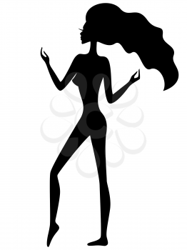 Abstract graceful girl with waving hair, black vector silhouette