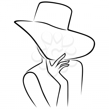 Lady in hat with wide brim that hides the face, sketching vector outline