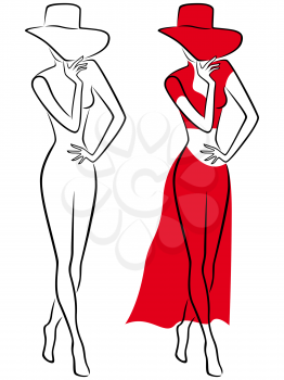 Attractive lady in red hat with wide brim and in long red dress, sketching vector outline in two employments 