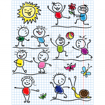 Amusing scenes with smiling sun and set of several kid figures, sketching colored cartoon vector artwork as a childish drawing on a sheet of school copybook