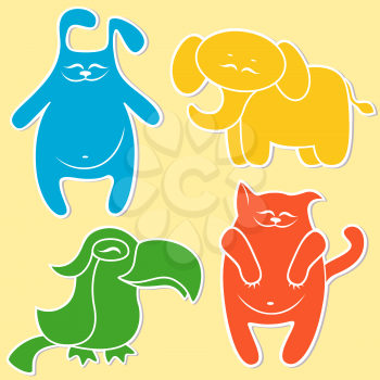 Cat, rabbit, elephant and parrot on light yellow background, cartoon vector illustration