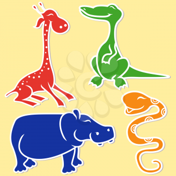 Giraffe, crocodile, hippo and boa on light yellow background, cartoon flat vector illustration