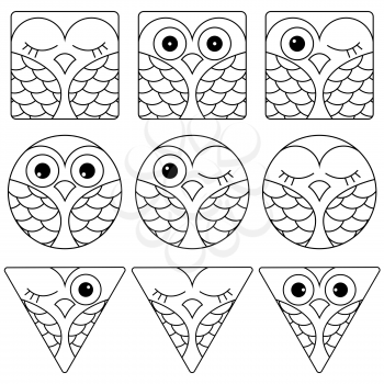 Set of nine funny black and white owl faces placed in geometric shapes: square, circle and triangular and isolated on a white background, cartoon vector outline as icons