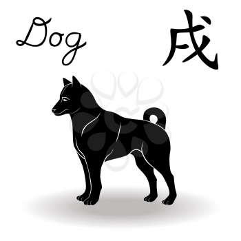 Chinese Zodiac Sign Dog, Fixed Element Earth, symbol of New Year on the Chinese calendar, hand drawn black vector stencil isolated on a white background