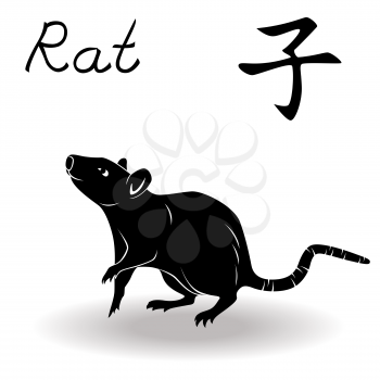 Chinese Zodiac Sign Rat, Fixed Element Water, symbol of New Year on the Chinese calendar, hand drawn black vector stencil isolated on a white background