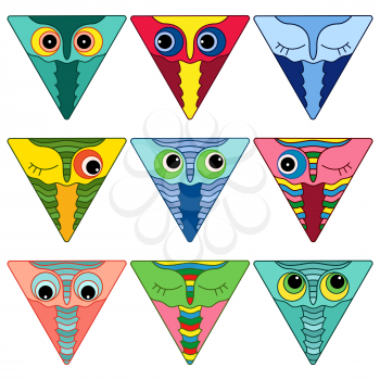 Set of nine amusing colorful owl faces placed in triangle forms and isolated on a white background, cartoon vector illustration as icons