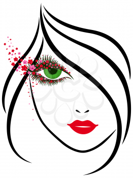 Abstract outline portrait of a young beautiful lady with charming eyes around which a lot of small colored flowers