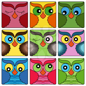 Set of nine cute colorful owl faces placed in square forms and isolated on a white background, cartoon vector illustration as icons