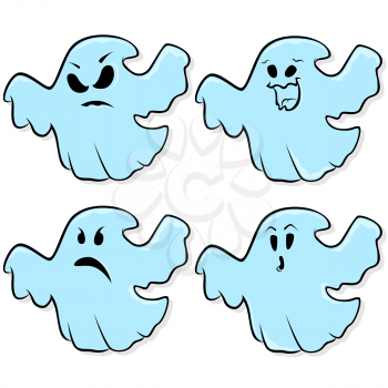 Angry, funny, sad and astonished flying ghosts isolated on a white background, cartoon Halloween vector illustration