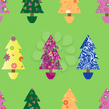 Christmas tree seamless vector pattern with colourful ornate decoration as a fabric detail over green background