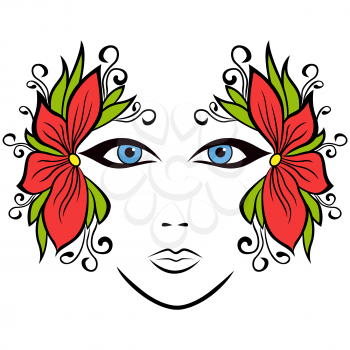 Abstract colorful female face with stylized floral accessories, hand drawing vector illustration