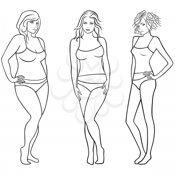 Female outlines with different weight and figures isolated over white, hand drawing vector illustration