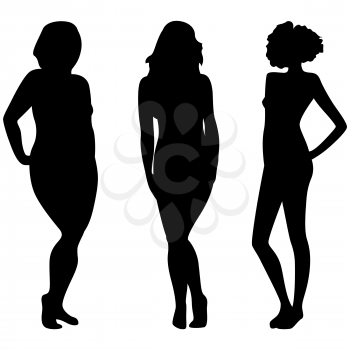 Female silhouettes with different weight and figures isolated over white, hand drawing vector illustration