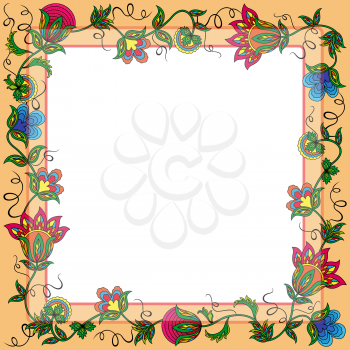 Postcard with wreath of beautiful color flowers and other floral elements, hand drawing vector illustration