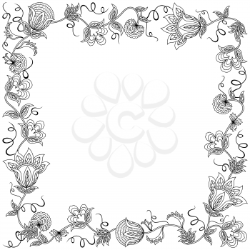 Postcard with wreath of beautiful flowers and other floral elements, hand drawing vector outline