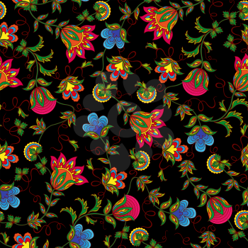 Seamless vector pattern with beautiful colourful flowers on the black background