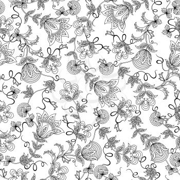 Seamless vector pattern with outlines of beautiful flowers on the white background