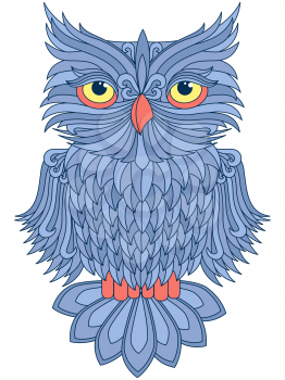 Amusing big blue owl with yellow eyes isolated on the white background, cartoon vector artwork