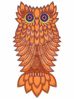 Amusing big orange owl with geometric elements isolated on the white background, cartoon vector artwork