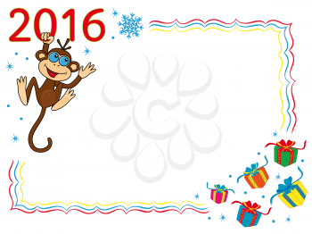Greeting card with Funny Monkey that holds for the digit of inscription 2016 and hangs on it, cartoon vector artwork on the winter background with frame and gifts