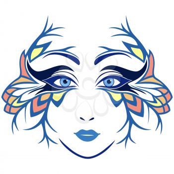 Abstract colourful women face with ornamental stylized mask, hand drawing vector illustration