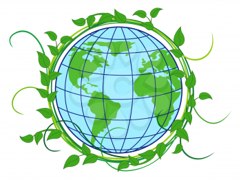 Planet Earth with depiction of continents in the wreath with green lianas as a concept of Earth Day, vector illustration isolated on the white background