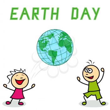 Little girl and boy with the big ball depicting the world, cartoon vector artwork with inscription Earth Day