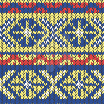 Abstract Ornamental Seamless Vector Pattern as a stylish Fabric Knitted ethnic texture in blue, yellow and red hues