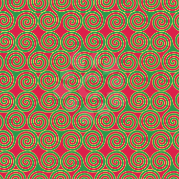 Seamless vector pattern with swirling triple spiral or Triskele, a complex ancient Celtic symbol, shapes in green and yellow on a red background