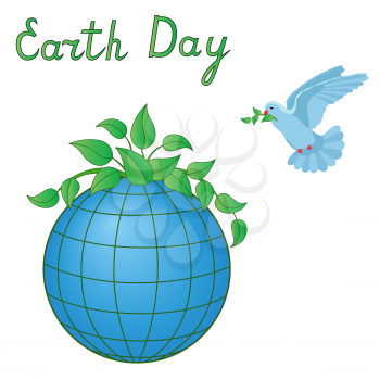 Earth Day Vector artwork with stylized Earth planet, pigeon and topical inscription isolated over white